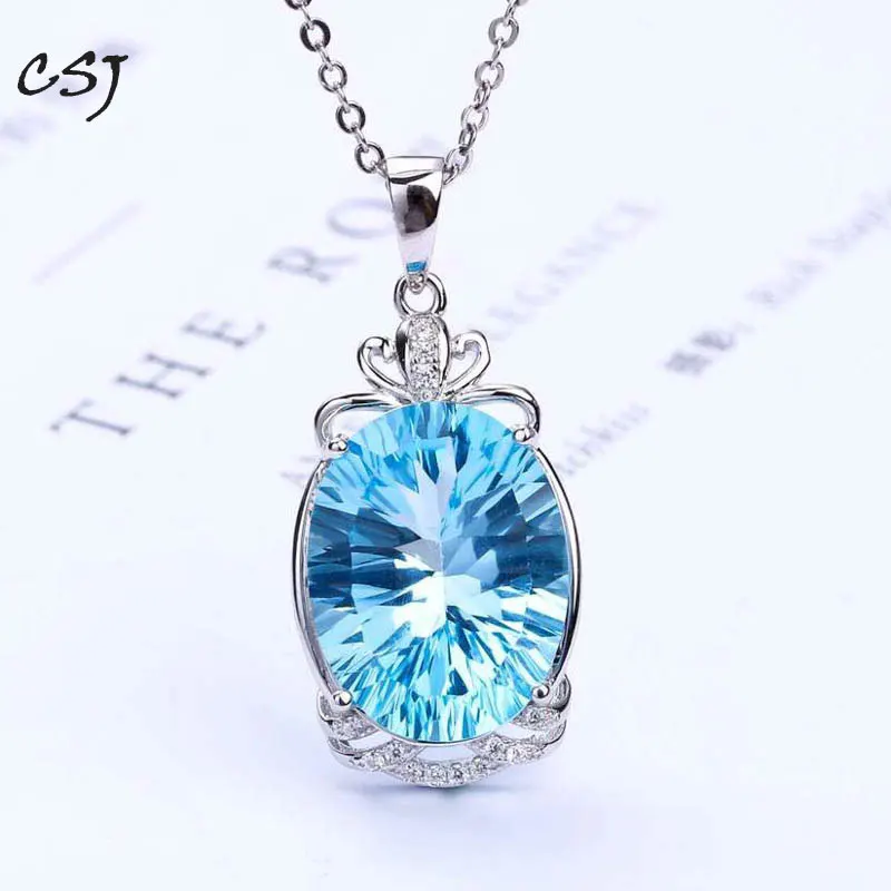 

CSJ Oval 12*16mm Concave Cut Natural Blue Topaz Pendants fine Jewelry 925 Sterling Silver Jewelry Wedding Bands for Women Gift
