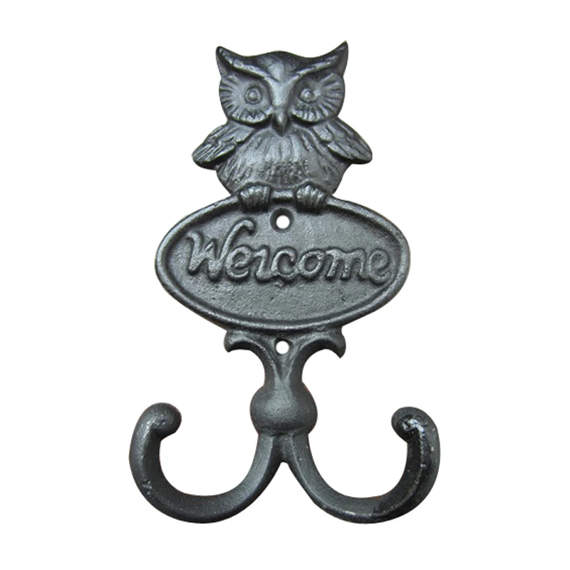 1 Antique Owl Welcome Cast Iron Wall Double Hooks