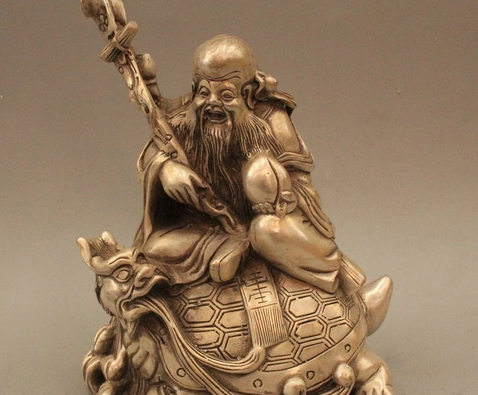 

7" Chinese Silver Longevity God Ride Dragon Turtle Tortoise Peach Wealth Statue