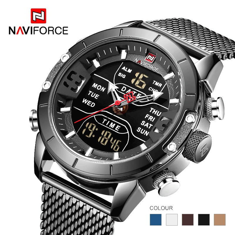 Mens watch top brand luxury NAVIFORCE 9153 stopwatch LED sport military waterproof steelstrap wrist