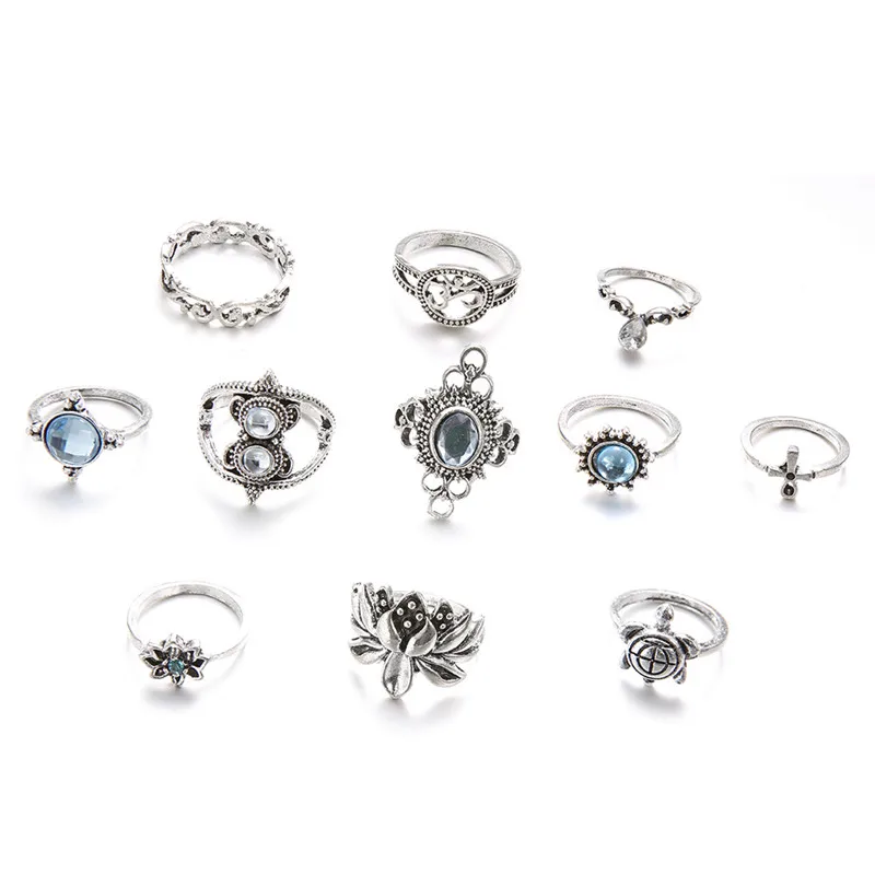 Yobest Винтаж лотоса кольца с украшением в виде черепахи Набор для Для женщин Кристалл Boho драгоценное серебряное кольцо Свадебные украшения