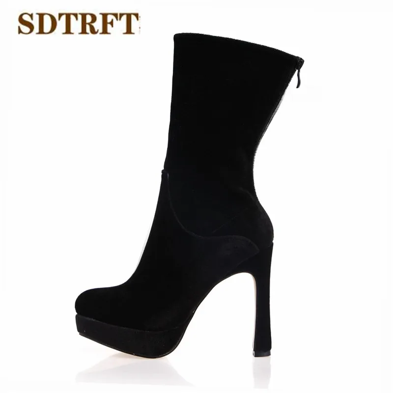 

SDTRFT Winter warm Stilettos 13cm thin heels Mid-Calf boots Round Toe shoes Woman Crossdresser Botas platforms Flock pumps