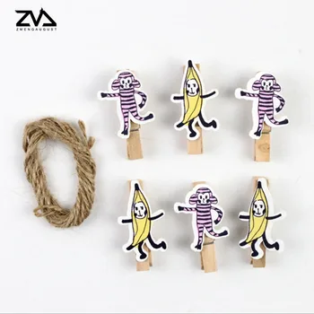 

6 pcs/lot Cute Wood Paper Clip Photo Clips For Decoration Supplies Colored Spring decoration Clip with Hemp Rope Clips