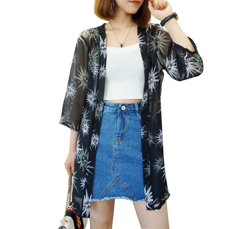 

Women's Blusas Mujer De Moda New Women Summer Chiffon Blouse Pinted Casual Kimono Cardigan Long Blouses Sunscreen Tops