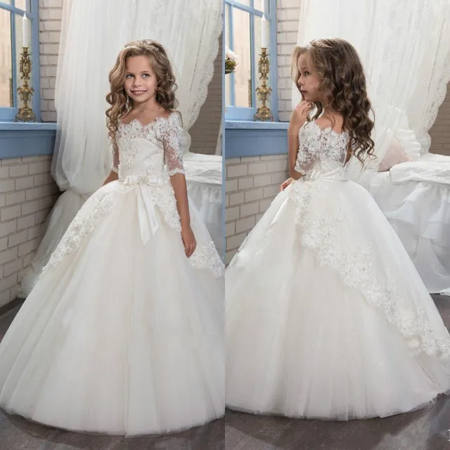 Beautiful White and Ivory Flower Girls Dresses Lace Appliqued Short