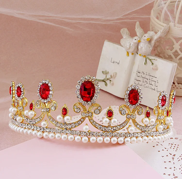 Dower me Red Crystal Pearl Tiara Crown Wedding Hair Accessories Bridal Jewelry Rhinestone Party