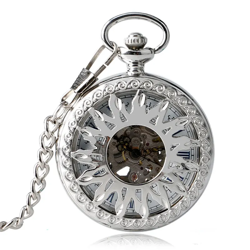 

Fashion Luxury Silver/Rose Copper Self Winding Retro Steampunk Trendy Pendant Necklace Automatic Mechanical Pocket Watch Chain