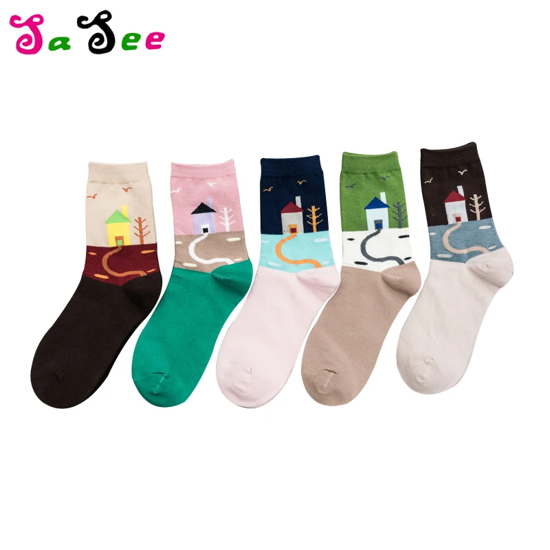 

New Autumn Cartoon House Patterned Art Socks Women Skateboard Harajuku Short Socks Fashion Soft Cotton Socks Low Ankle Funny Sox