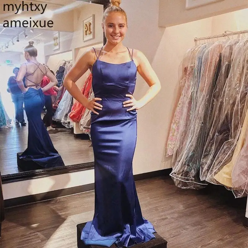 

Sexy Navy Blue Event Evening Dress Elastic Satin Simple Long Women Formal Party Gowns Mermaid Style Sweep Train Robe De Soiree