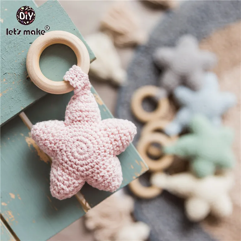 

Let's Make 1PC Baby Teether Star Crochet Wooden Rring Rattle Food Grade Wooden Teether Baby Goods Stroller Crib Hanging Rattle