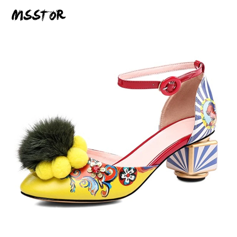 

MSSTOR Appliques Women Shoes Sandals Yellow Flower Strange Style Sexy Party Buckle Style Ladies Heels Mixed Colors Strappy Heels