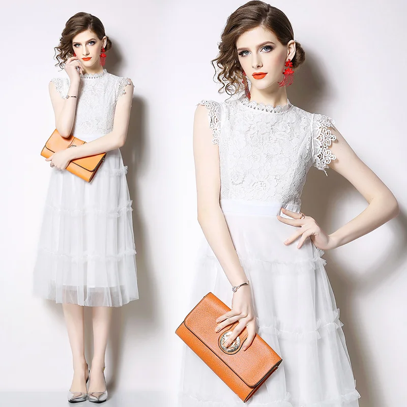 

High Quality Stand Collar Sleeveless Lace Dress Women Party Dresses Fairy White Mesh Dress Ladies Midi Dress Vestidos De Fiesta