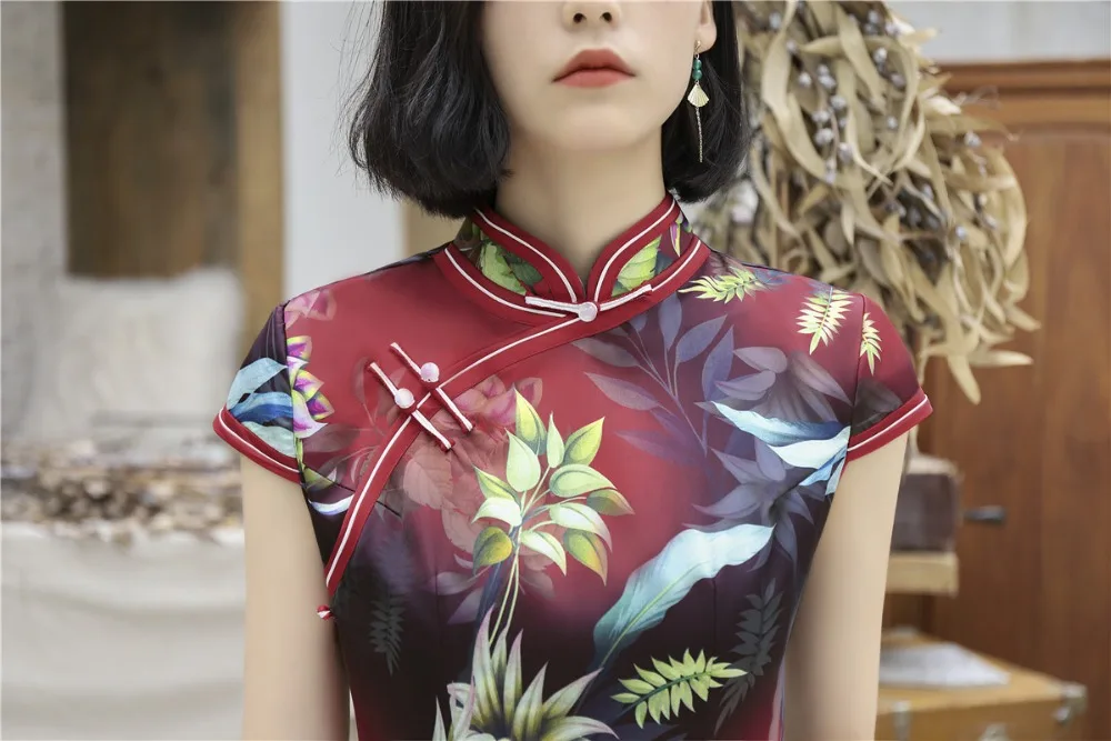 Шанхай история Листья печати Qipao платья Длинные китайские традиционные платья Cheongsam для женщин