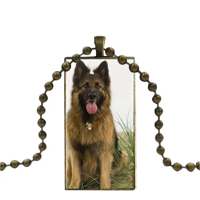 German Shepherd Dog Alsation Glass Cabochon Pendant Bronze Necklace Gift
