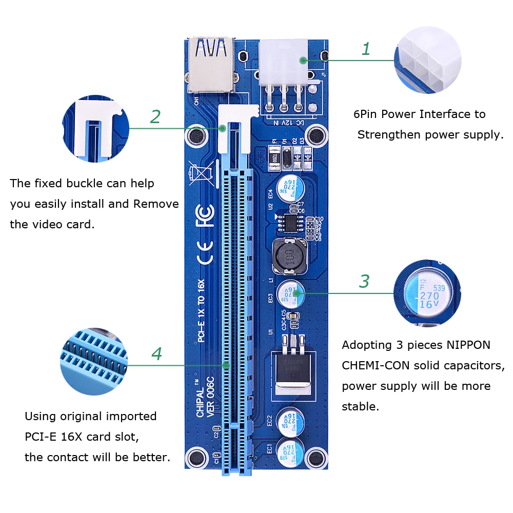CHIPAL VER006C 30 см PCI E Райзер карта 006C Express 1X к 16X адаптер USB 3 0 кабель SATA 6Pin питание для