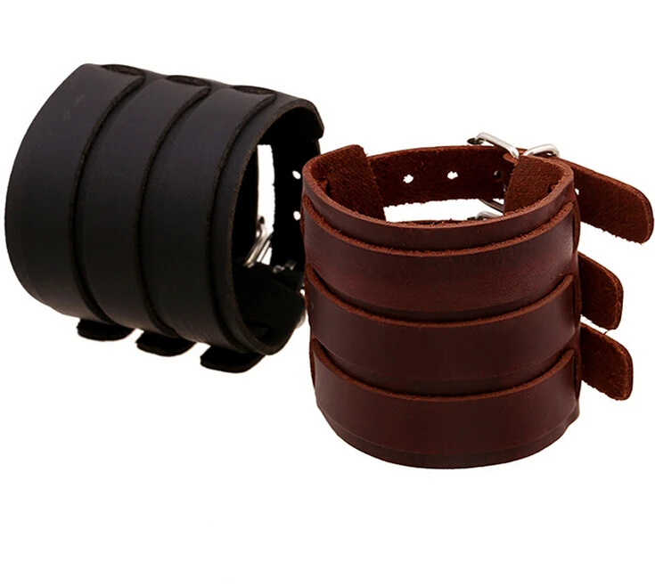 BB005 PUNK Retro Vintage Dual Layer 3 Strap Wide Genuine Leather Band