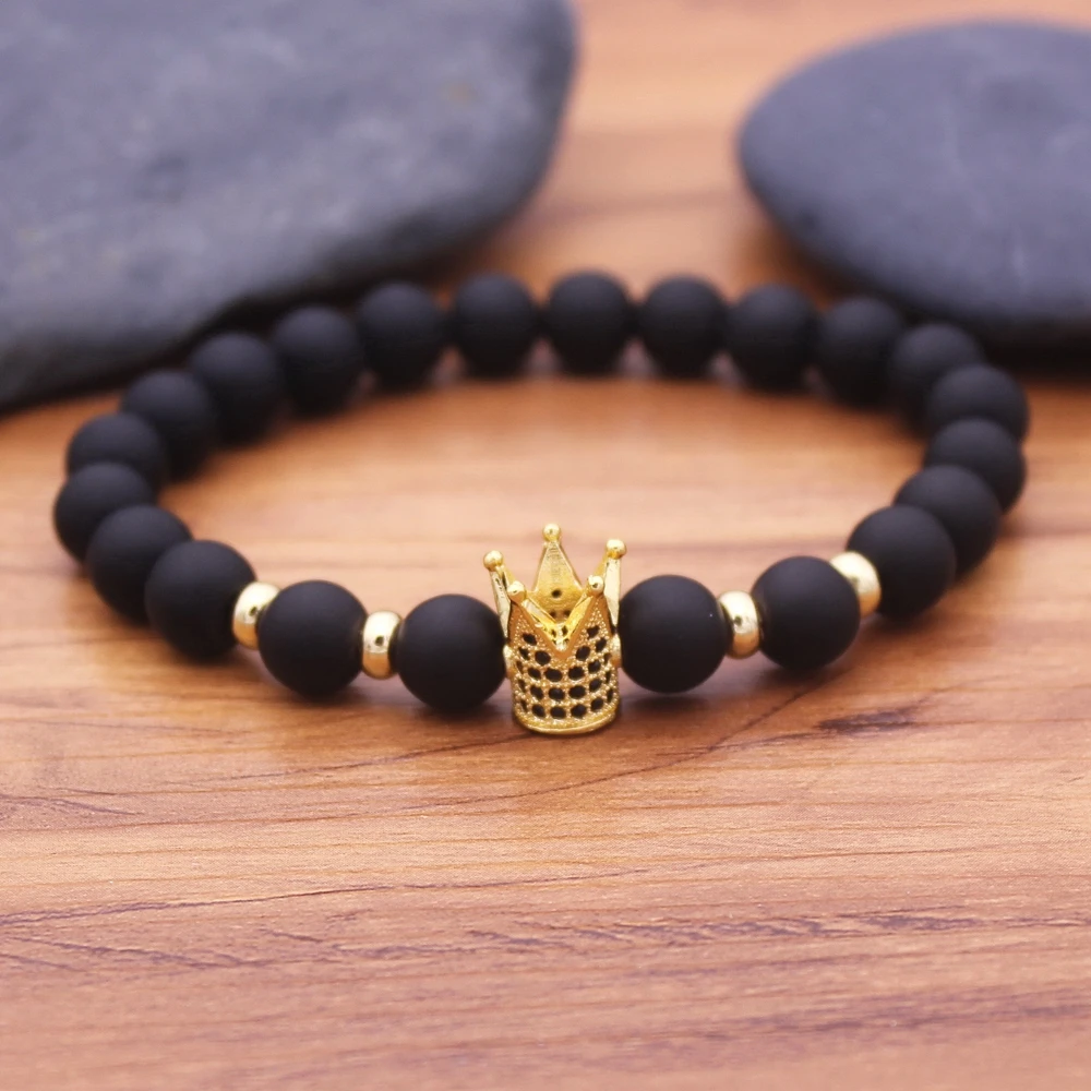 

New Trendy Pave CZ King Crown Charm Bracelets Elasticity Adjust Size Men Natural Matte Onyx Stone Beads For Women Men Jewelry