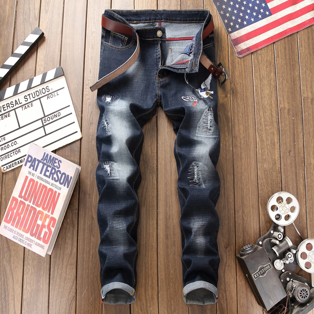

2019 New brand jeans men new 3d embroidery ripped distressed fashion casual homme denim trousers plus size 29-38 men's jeans