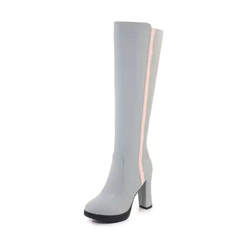 ASILETO/новые женские сапоги до колена ботинки на платформе, с круглым носком, на квадратном каблуке высокие осенние сапоги для верховой езды bottines mujer, размер 34-43 - Цвет: Grey fur inside