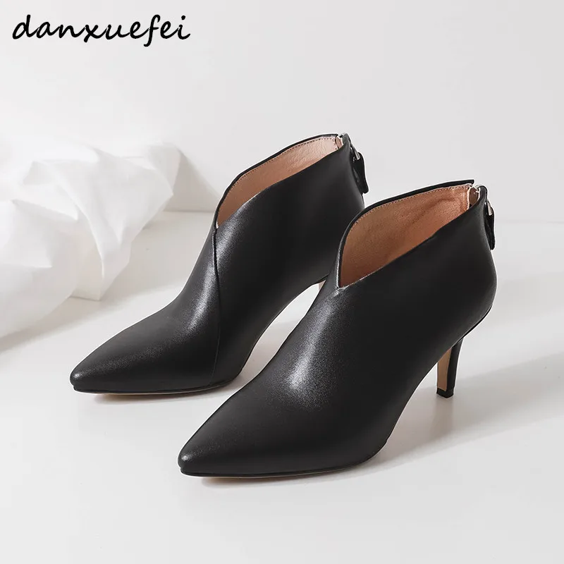 

Sexy ladies high heel evening pumps brand designer v back zip pointed toe autumn high top OL style shoes genuine leather heels