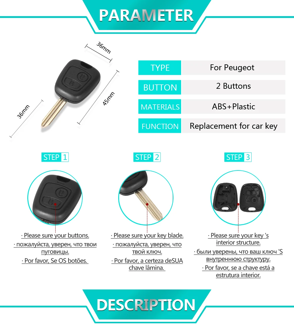 Dandkey Сменный Чехол 2 кнопки для PEUGEOT Partner Expert Boxer key Shell