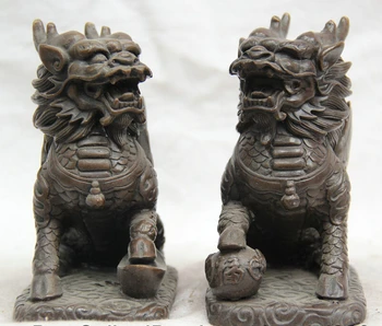 

song voge gem S1707 5 " Chinese Bronze Feng Shui Yuan Bao fly beast kylin PiXiu dragon Statue pair