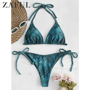 

ZAFUL Snakeskin Print Braided Halter Bikini Set Low Waisted Snake Print String Bikini Swimsuit Bathing Suit Women Swimwear 2019
