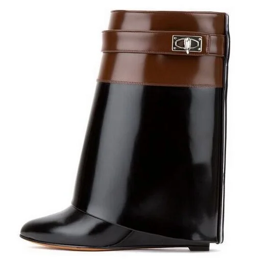 

Woman Boots Newest Designer Winter Fashion Wedge Heel Patent Leather Mid Calf Boots Two-Tone Leather Shark-Lock Women Boots B108