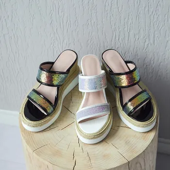 

MLJUESE 2019 women slippers Soft Cow leather Bling Bling summer open toe black color beaches wedges sandals party dress