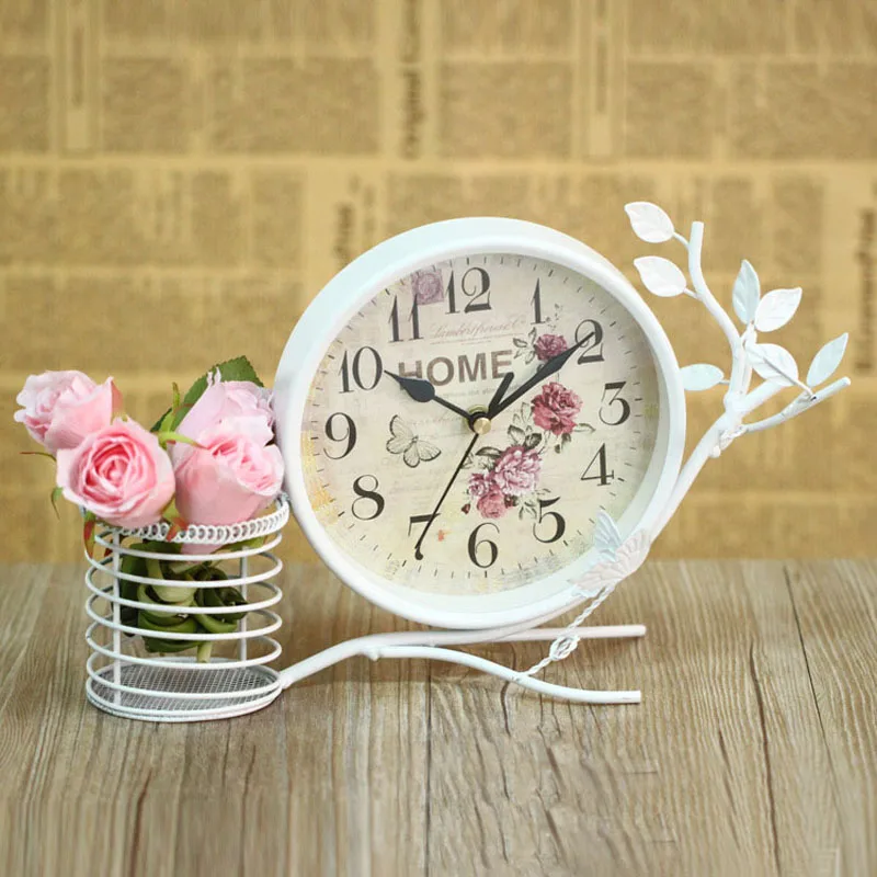 Antique Black White Metal Desk Clock Reloj Europe Vintage Round Table