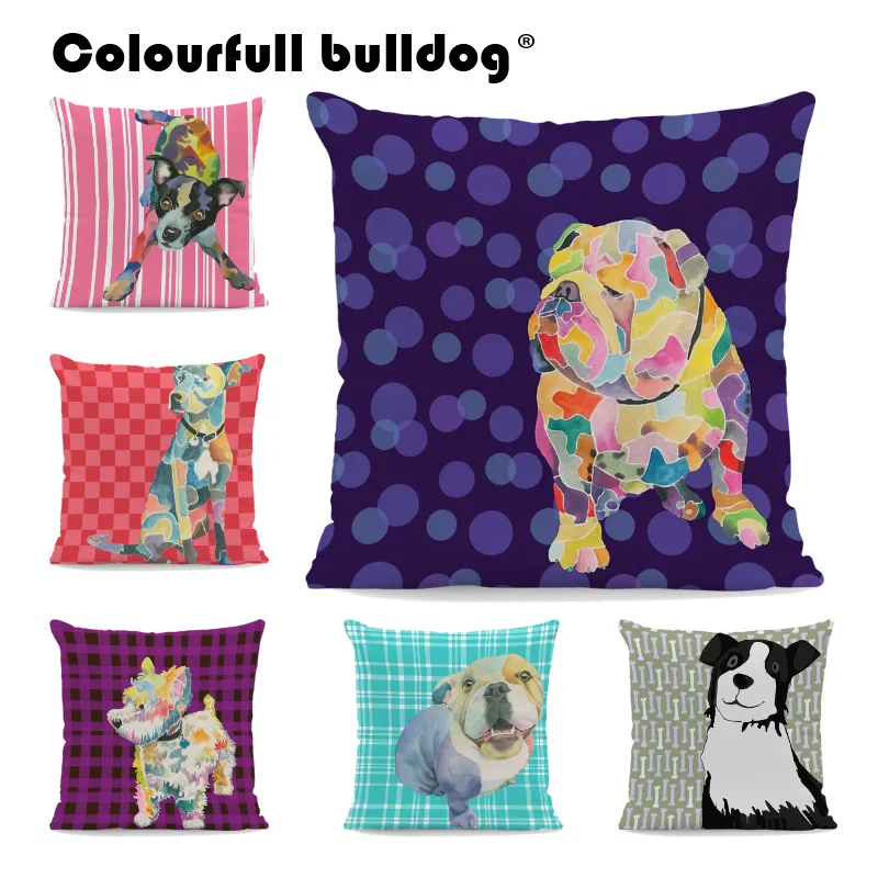 

Oil Painting Cartoon English Bulldog Throw Cushion Zigzag Plaid Cover Pillow Schnauzer Husky Velvet Cushion Cover Decorate Home