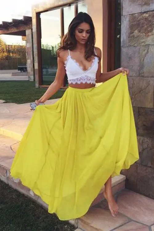 2017 Sexy Two Pieces Prom Dress White and Yellow Lace Bodice chiffon 2 Piece Prom Dresses Party Dress robe de bal longue Vestido