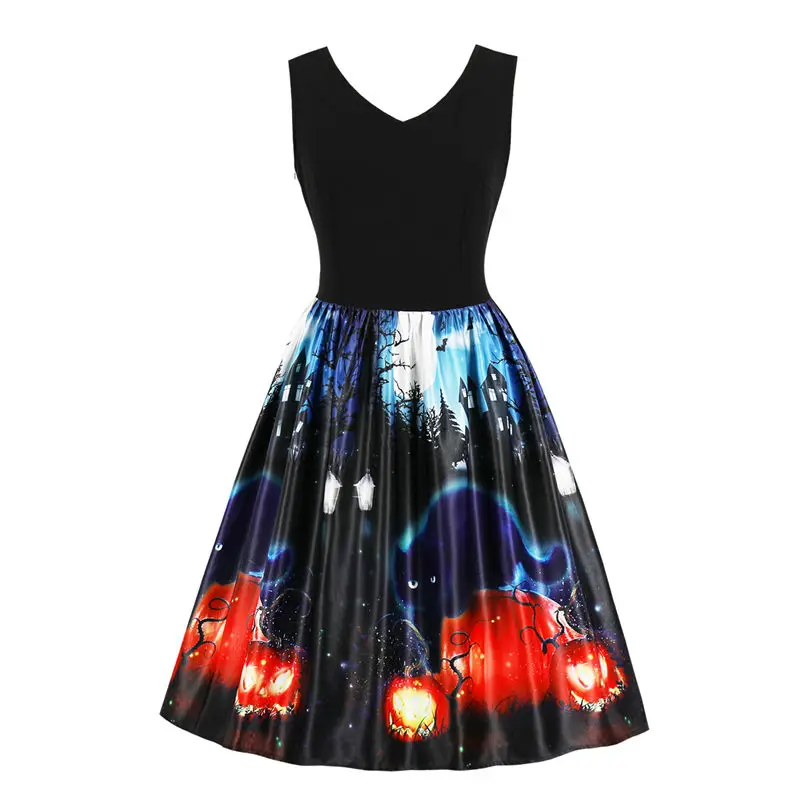 

Halloween Womens Printing A-line Dress Hepburn Style V-neck Sleeveless Retro Vintage Dresses 2018 Fashion Rockabilly Party Dress