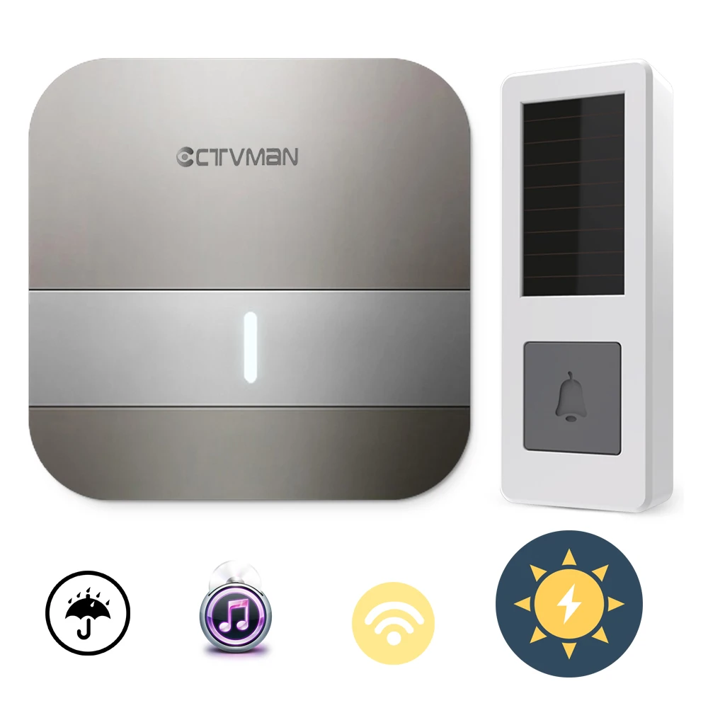 01CTVMAN Waterproof Doorbell Wireless Doorbell No Battery Solar Powered Push Doorbell Button Wireless Outdoor 52 Tunes Chimes