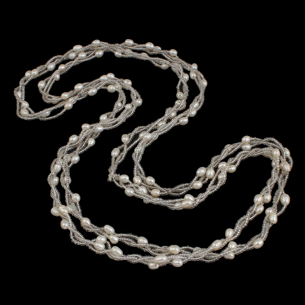

120CM Long Sweater Chain Natural Real 100% Freshwater Pearl Sweater Chain Necklace Glass Seed Beads 2-strand Multilayer Necklace