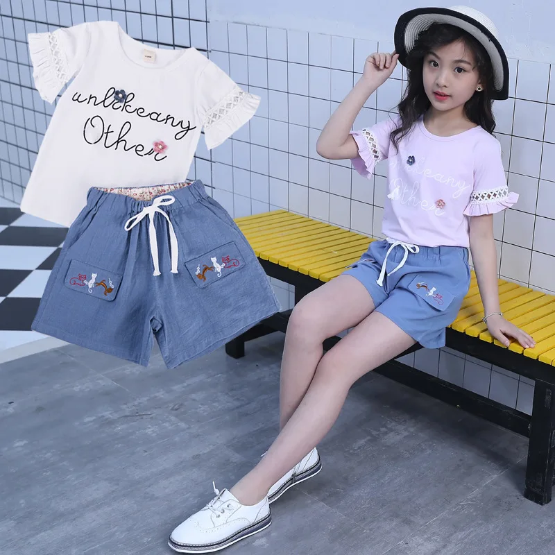 

2019 Baby Girls Clothing Sets Summer Fashion Girls tshirt Shorts Set Korean Kids Clothes Girls 4 5 6 7 8 9 10 11 12 13 14 Years