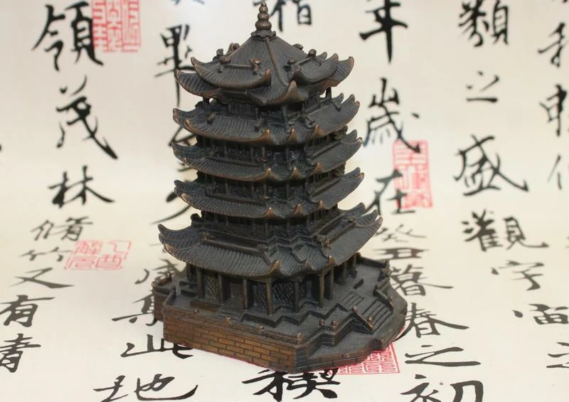 

Chinese Pure Bronze Copper carved Yellow Crane Tower pagoda tower Statue