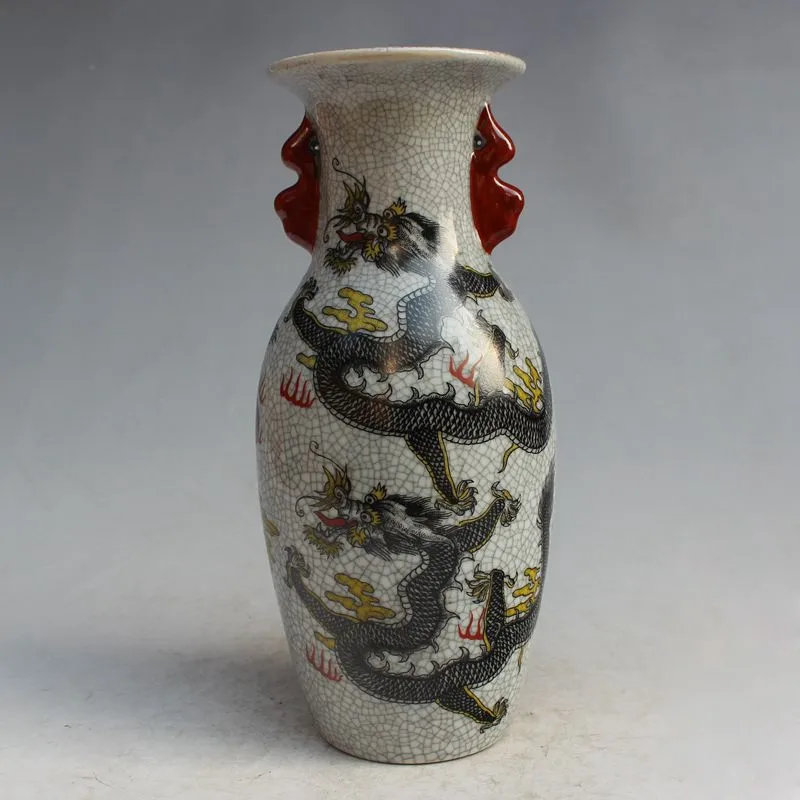 

Rose Porcelain Vase with Double Black Dragons, Elaborate Chinese Famille, Printed