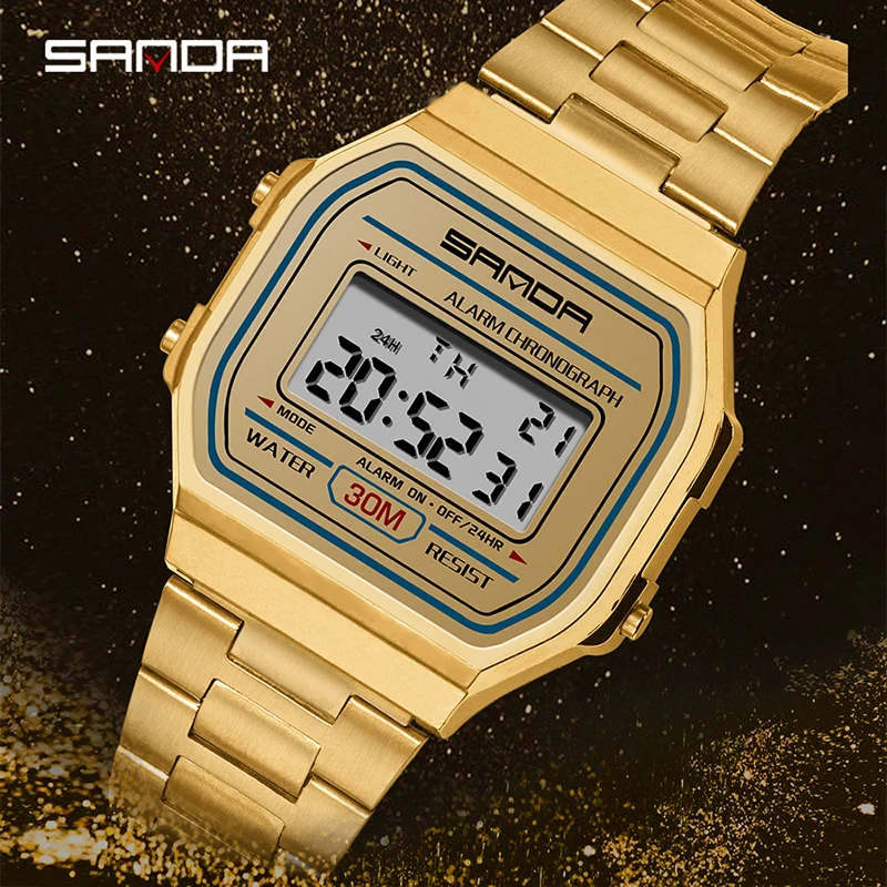 SANDA спортивные часы для пары Женские роскошные золотые светодиодный электронные мужские часы водонепроницаемые женские часы женские Reloj Mujer