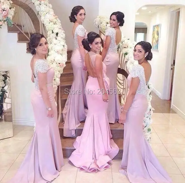 

Free Shipping Wonderful Pink Mermaid Satin Convertible Bridesmaid Dress Cap Sleeves Sexy Open Back Sequins Beaded