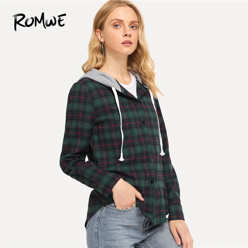 ROMWE клетчатое пальто с капюшоном на завязках модное однобортное пальто с длинным рукавом весна осень Женская одежда верхняя одежда