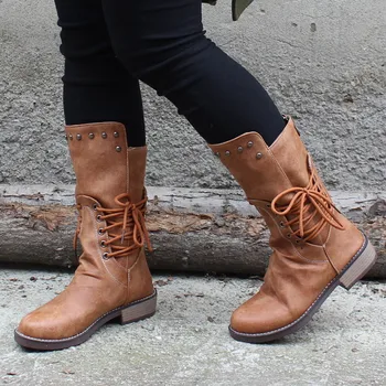 

Vogue Women Boots Nice Winter Square Heel Rivet Boots Cross Tie Female Casual Shoes Leather Boots Botas Mujer
