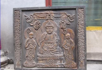 

song voge gem S0083 28"Chinese Buddhism Folk Old Wood Carved Tathagata Buddha screen statue