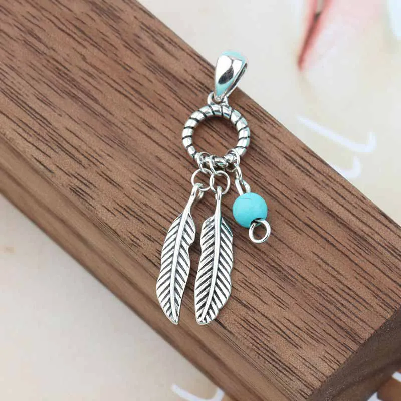 

925 Sterling Silver Dreamcatcher Bohemia Feather Tassel Pendant Charm Turquoise Long Charm DIY Earring&necklace Jewelry Making
