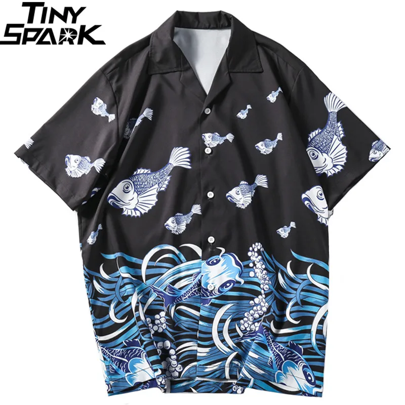 Harajuku Японская Ukiyoe рубашка уличная с принтом рыбы 2020 гавайская Мужская хип хоп