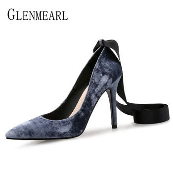 

Women Shoes High Heels Pointed Toe Woman Pumps Party Shoes Spring Velvet Lace-up Office Ladies Shoe Dress Plus Size Female Pumps