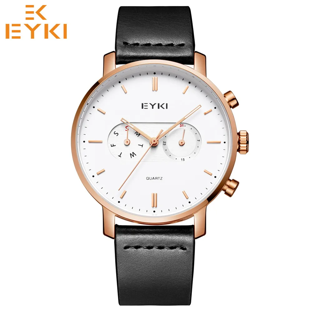 EYKI Топ бренд кварцевые мужские часы Мода Дата Неделя дисплей наручные часы кожаный ремешок водонепроницаемый мужской часы E1115L новое поступление - Цвет: Black Rose Golden
