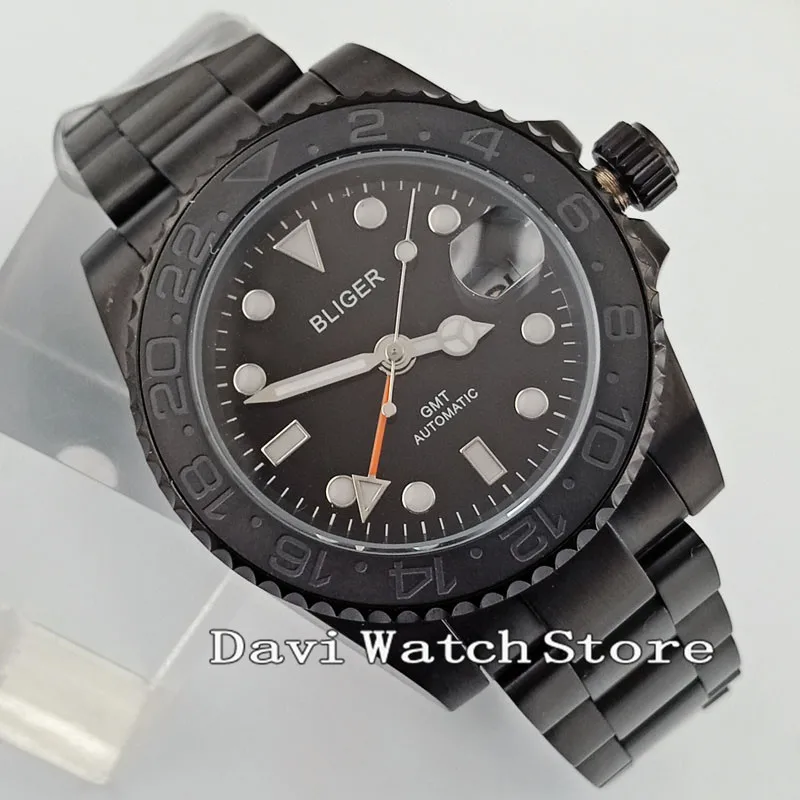 

40mm Bliger Black Dial Band Sport PVD case Ceramic Bezel sapphire crystal Orange GMT automatic men's Watch 2685