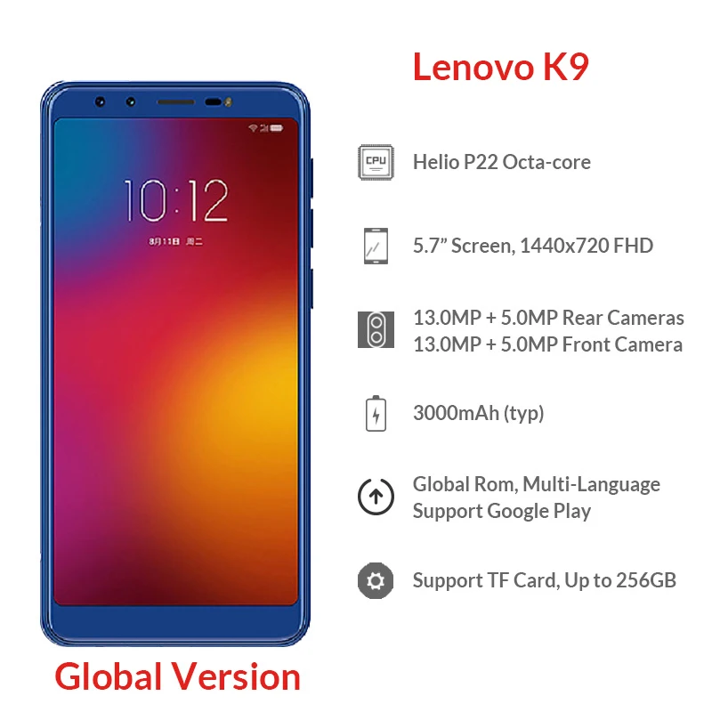 Lenovo K9 K5s смартфон с 5 7 дюймовым дисплеем восьмиядерным процессором MTK6762 ОЗУ 4 Гб