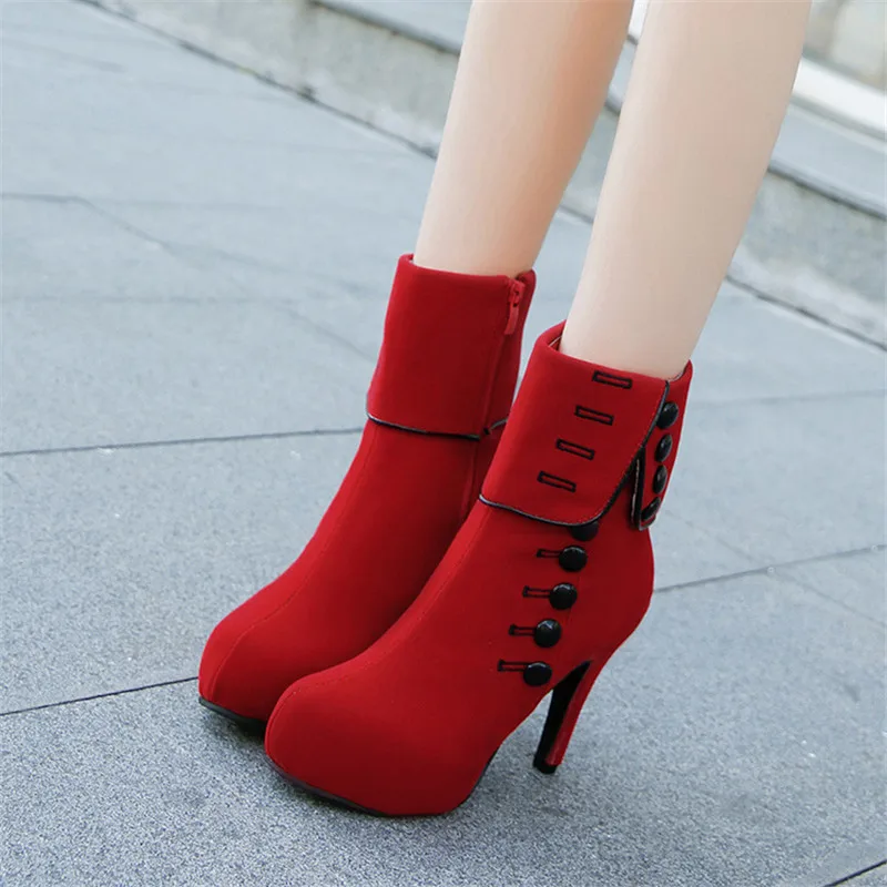 Fashion Women Ankle Boots High Heels Fashion Red Shoes Woman Platform Flock Buckle Boots Ladies Shoes Female PLUE 42
